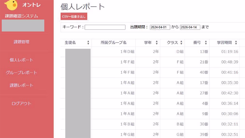 課題の配信と提出状況を管理する画面