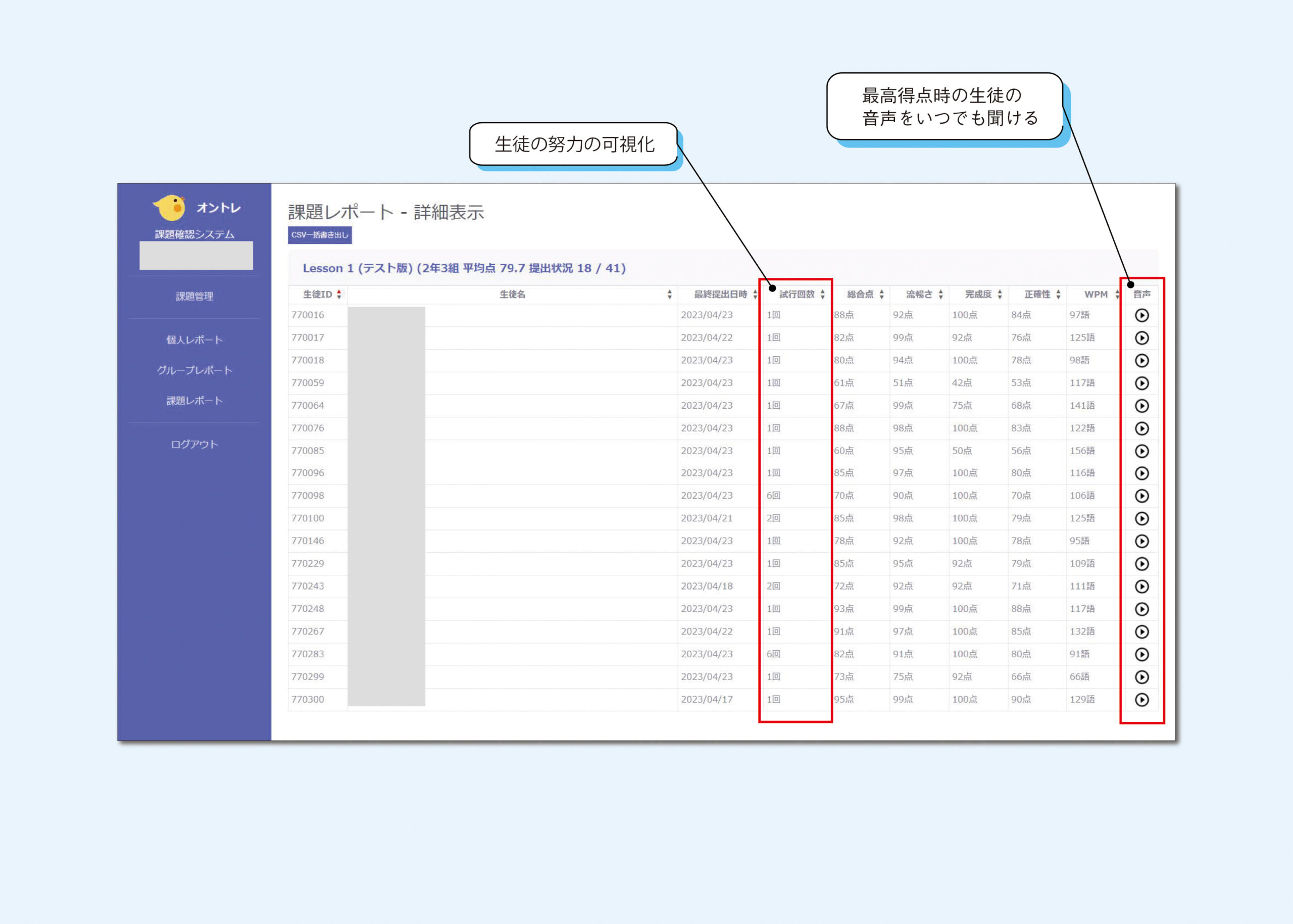 3．課題作成は30秒！生徒の音読状況を詳細に把握できる